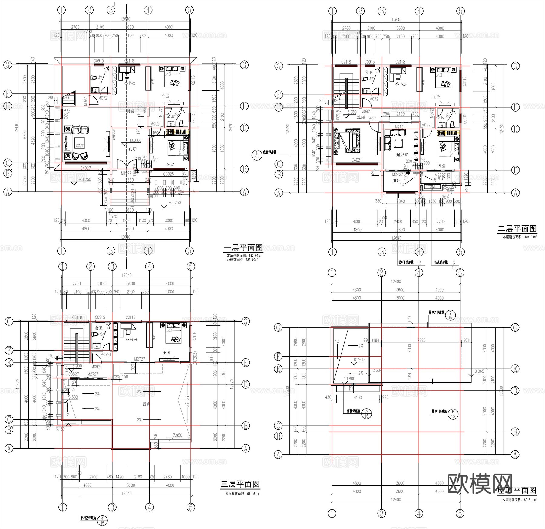 现代新中式三层自建房、别墅建筑设计cad施工图