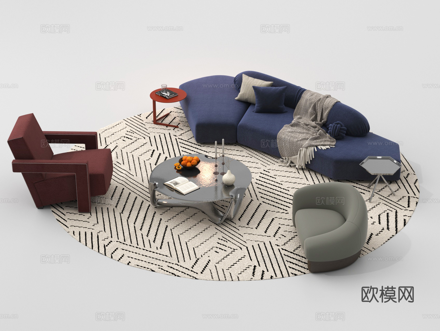 组合沙发 沙发椅 茶几su模型