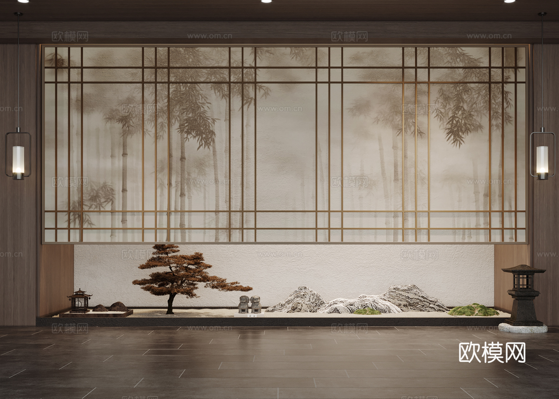 新中式室内景观造景 杜邦纸屏风隔断 景观墙 假山 茶室茶台3d模型