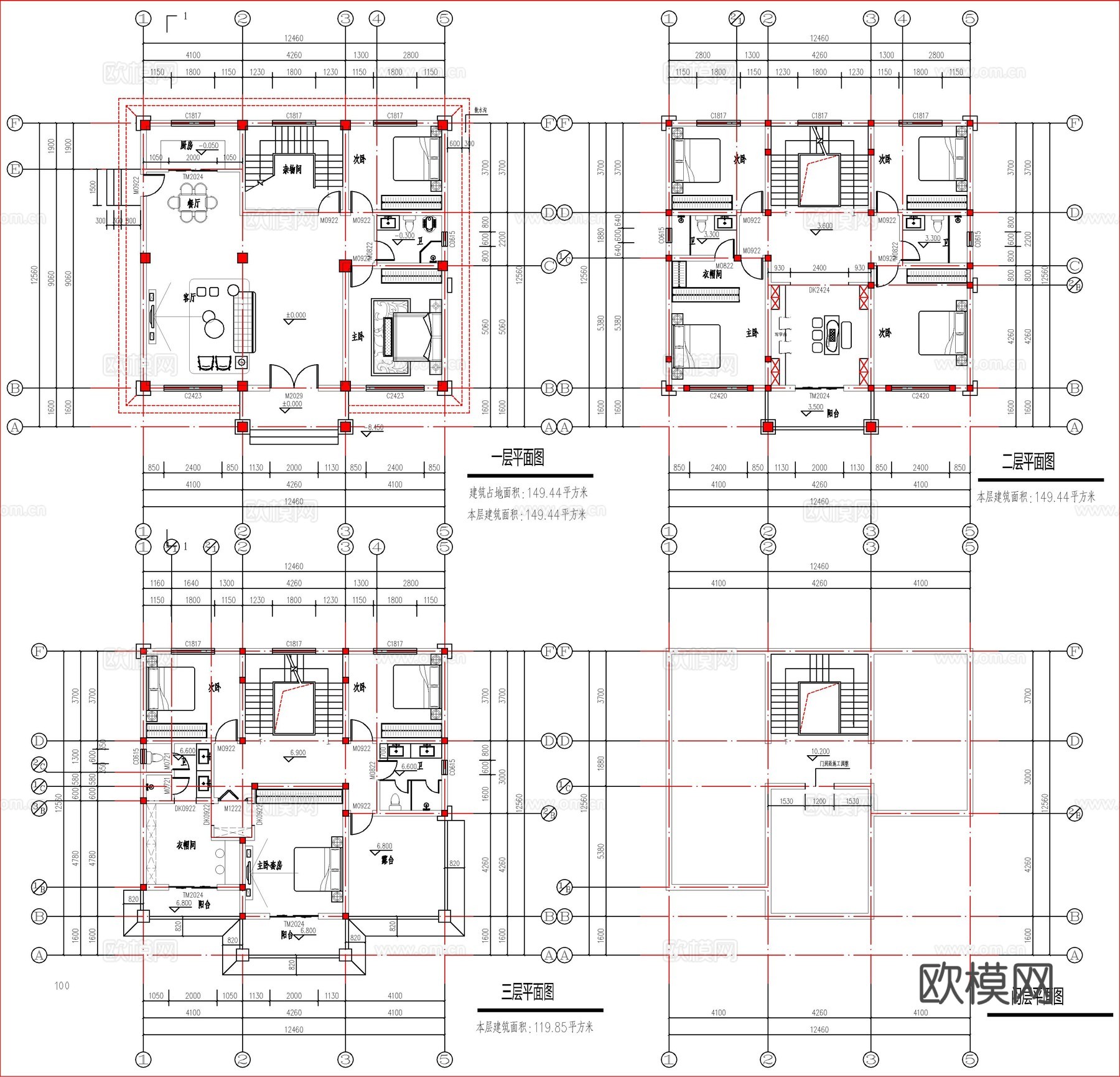 现代新中式三层自建房、别墅建筑设计cad施工图