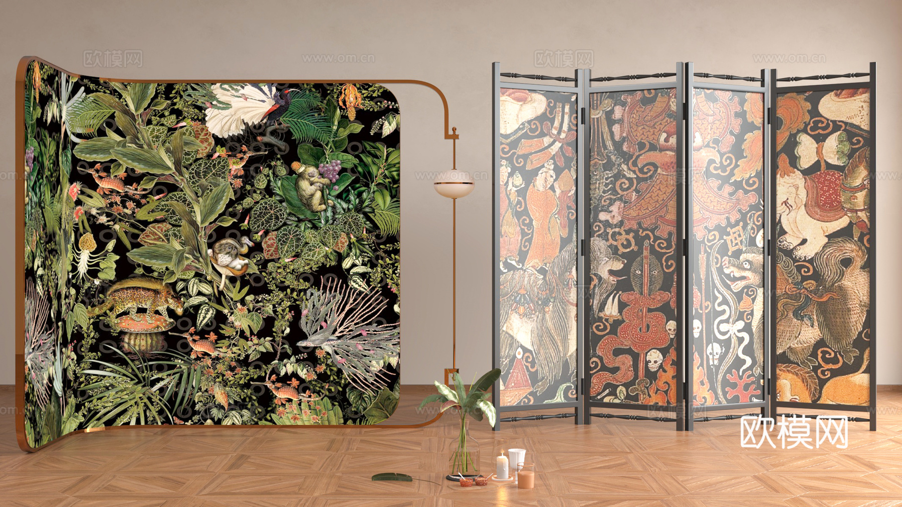 美式中古屏风 木屏风 油画布屏风 折叠屏风 中古风是木屏风3d模型