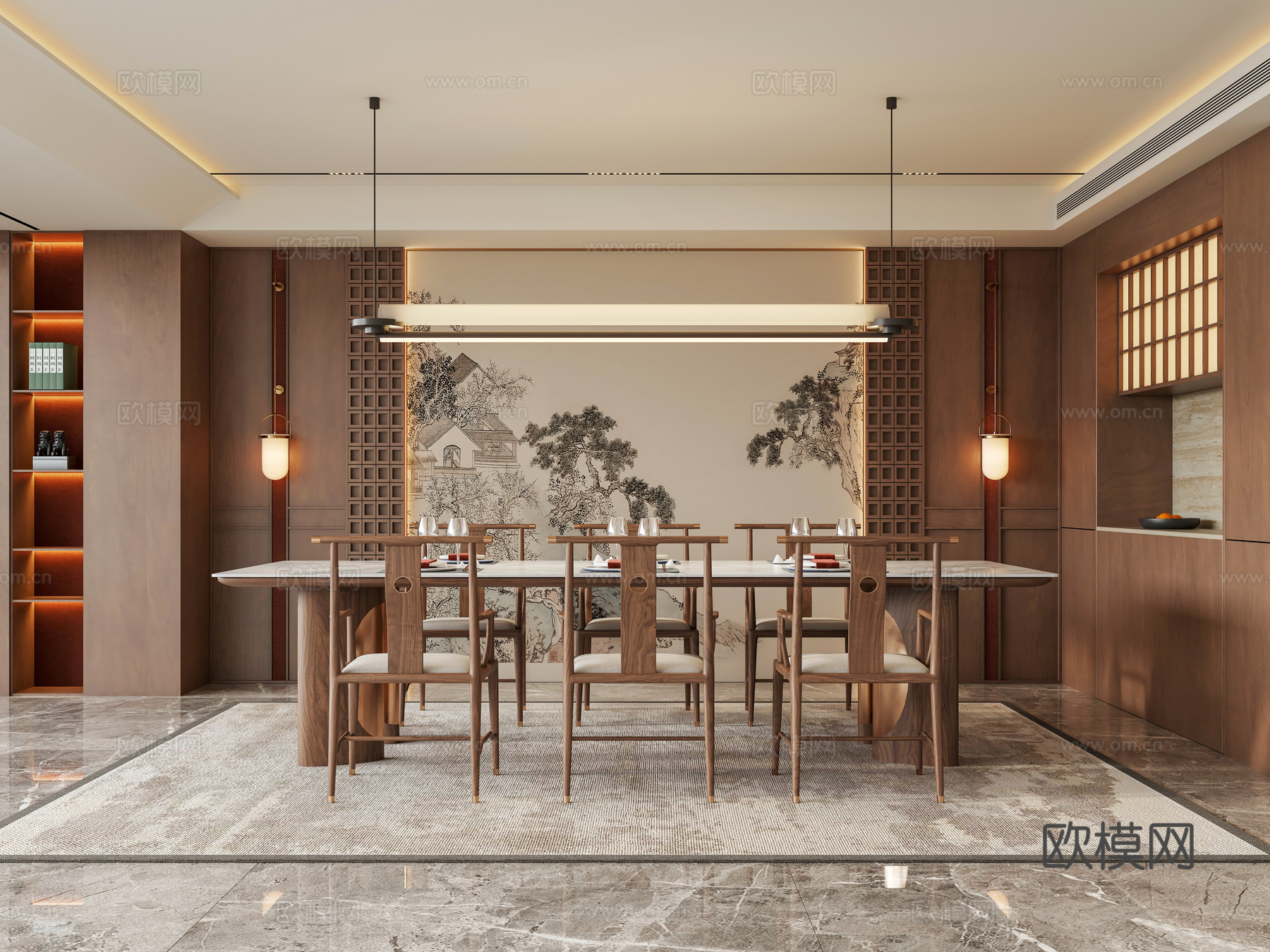 禅意新中式家居餐厅 宋代美学背景墙 餐桌椅组合 餐厅吊灯 餐su模型