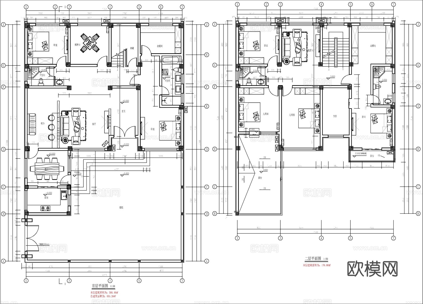 现代新中式三层自建房、别墅建筑设计cad施工图
