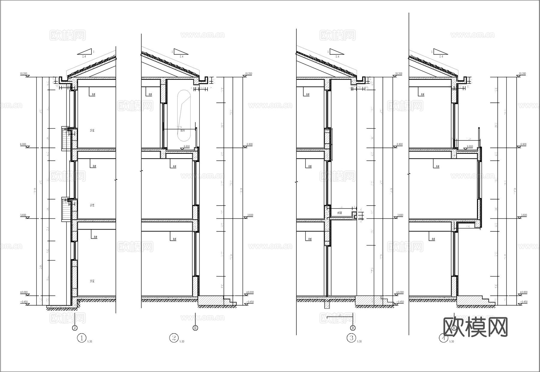 现代新中式三层自建房、别墅建筑设计cad施工图