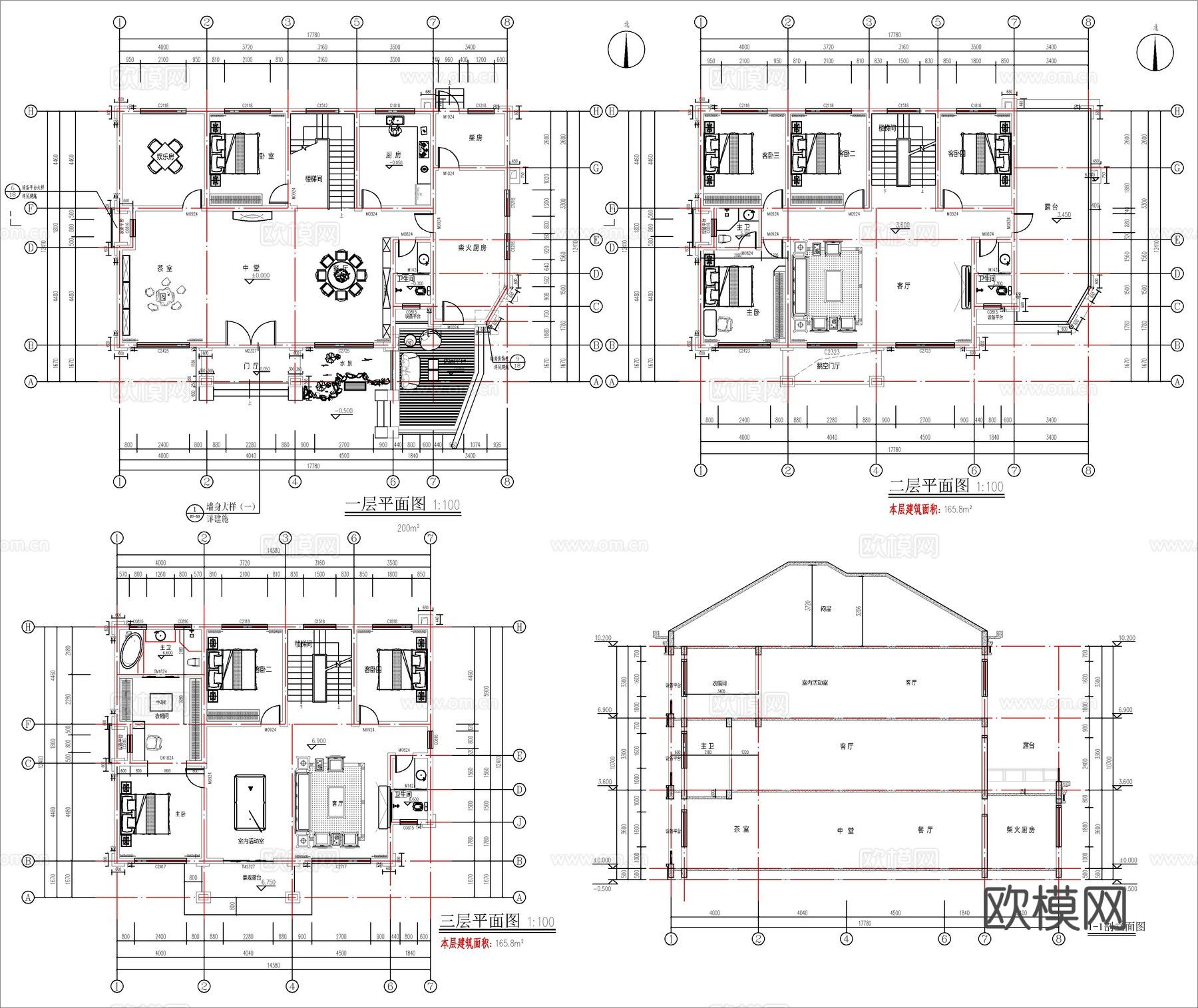 现代新中式三层自建房、别墅建筑设计cad施工图