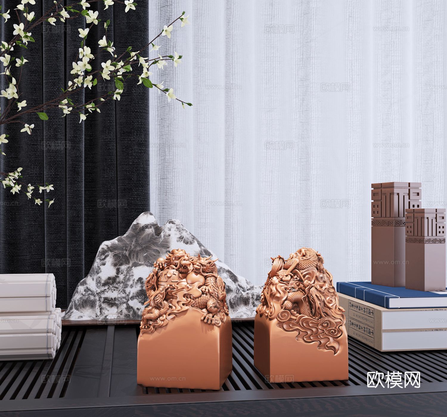 现代新中式五龙印章雕塑艺术摆件组合3d模型