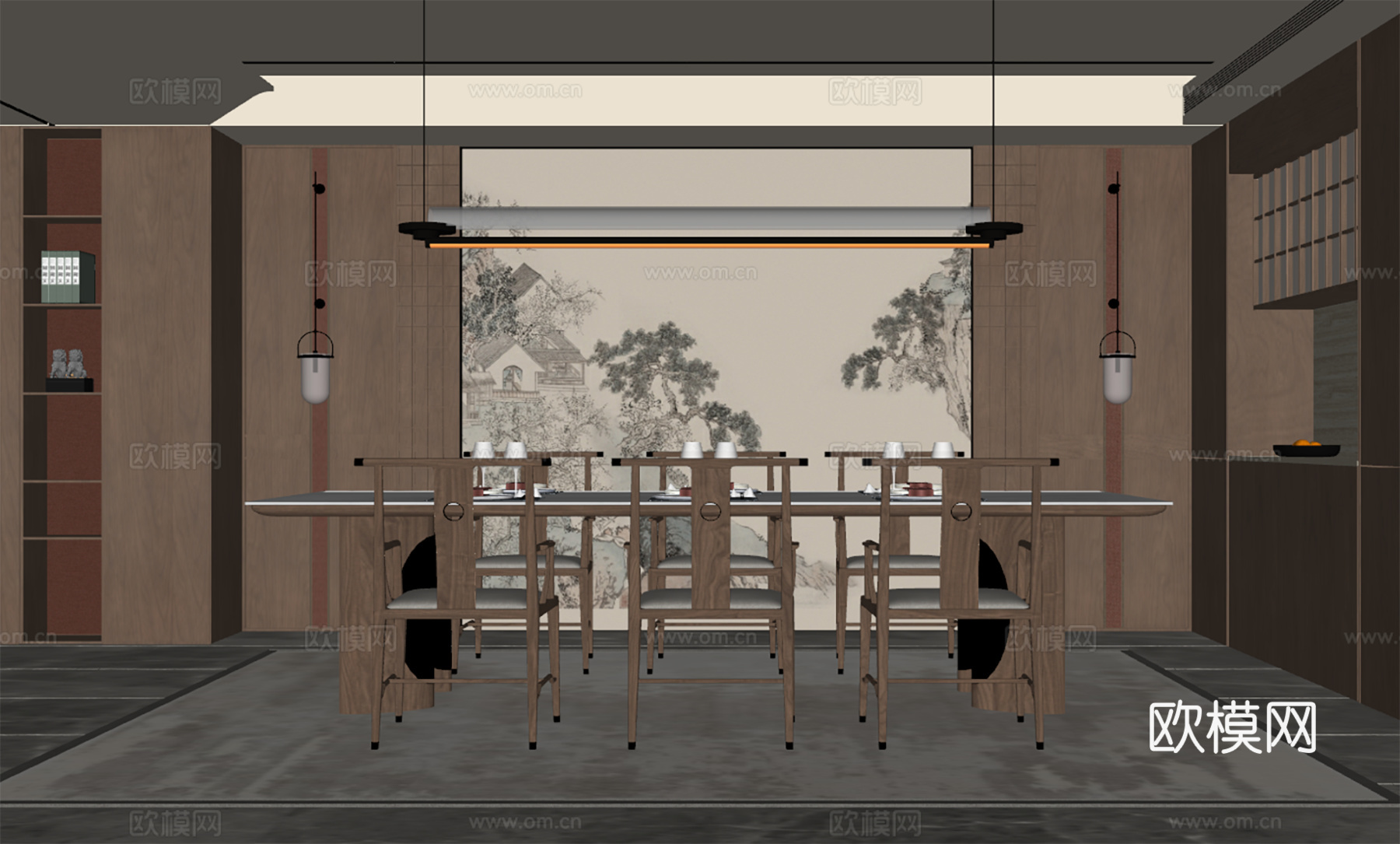 禅意新中式家居餐厅 宋代美学背景墙 餐桌椅组合 餐厅吊灯 餐su模型