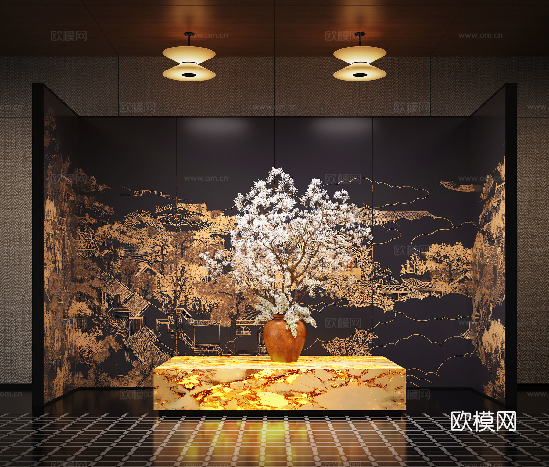 现代酒店大厅 花艺装置 花艺摆台组合 透光石 屏风su模型