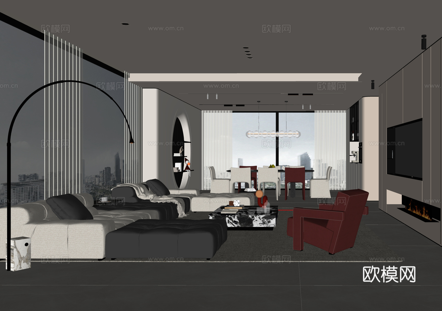 现代客厅 客餐厅 沙发茶几 餐桌椅su模型