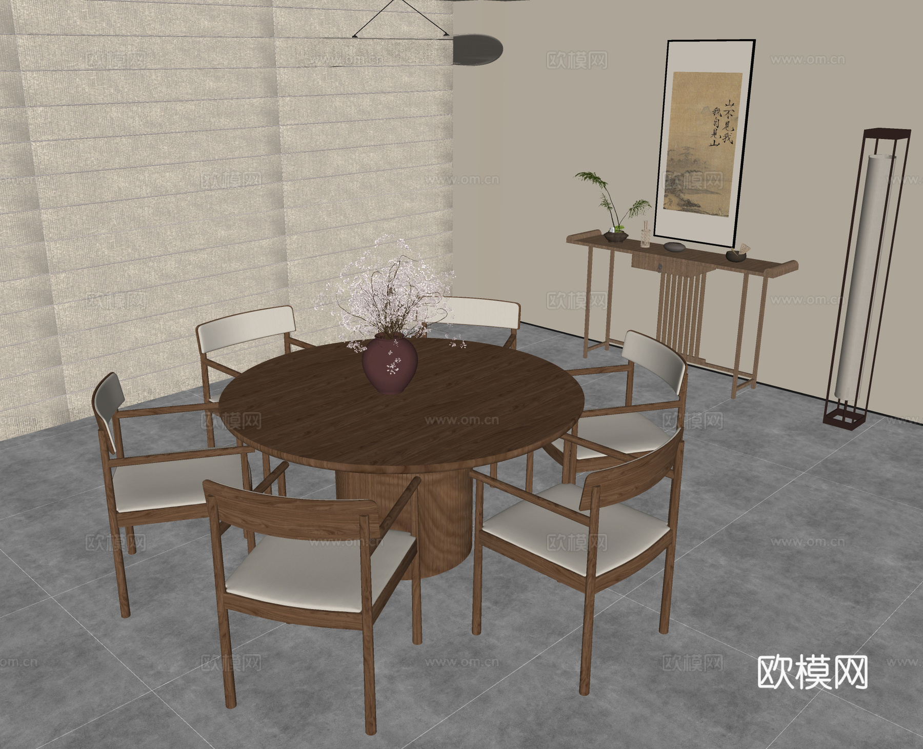 宋式餐厅 新中式餐厅 餐桌椅 挂画 灯具su模型