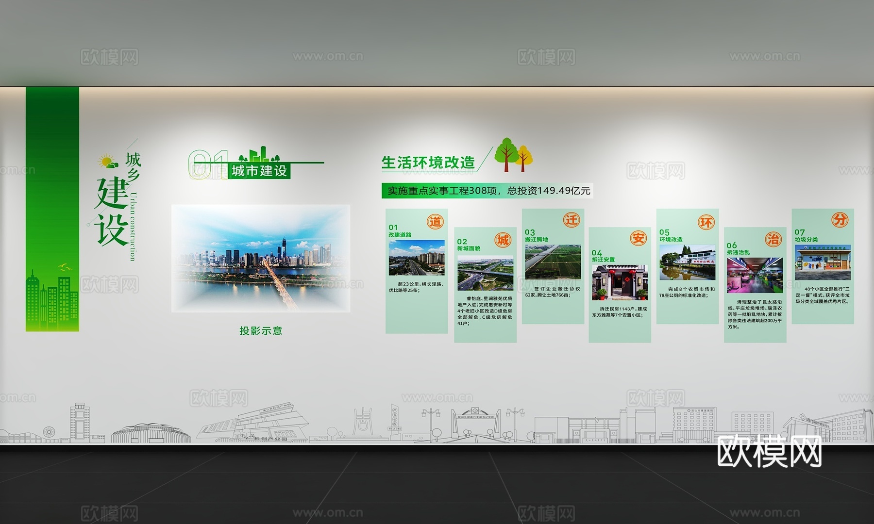 现代城市环境文化墙 改造环境 标语 口号 展示墙 宣传栏3d模型