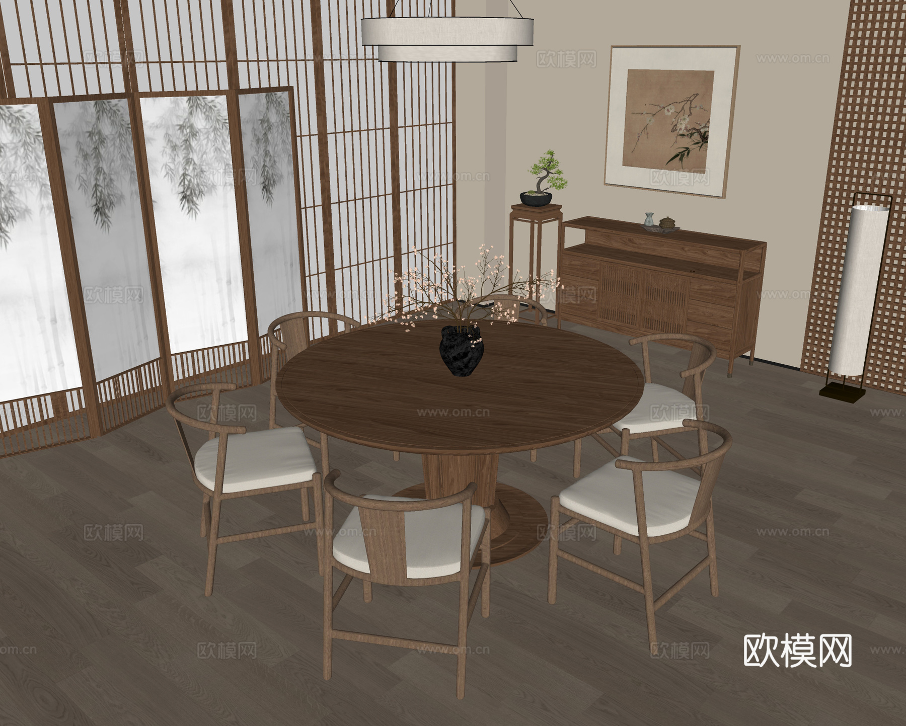 新中式餐厅 宋式餐厅 餐桌椅 餐边柜 屏风 挂画 新中式灯su模型