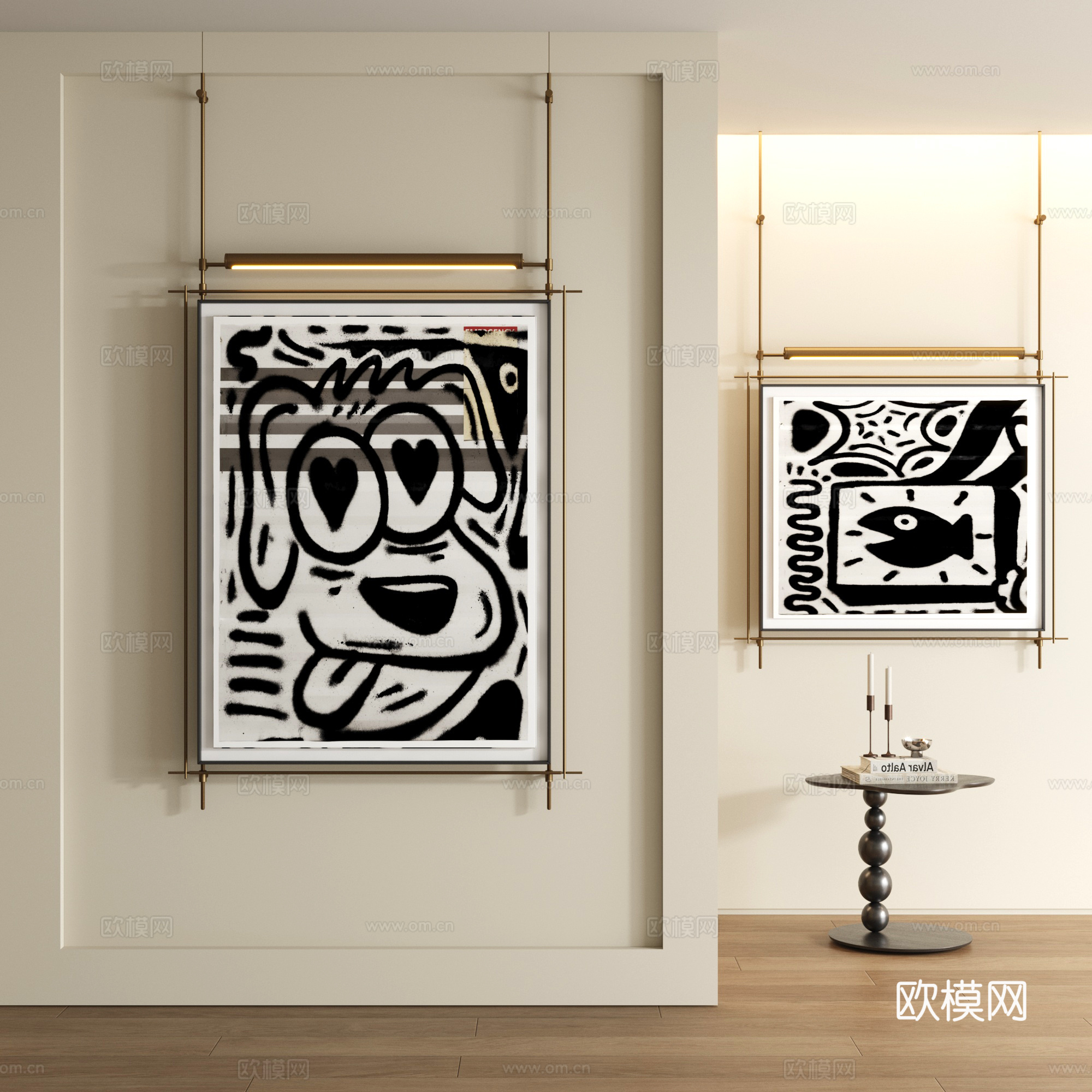 现代黑白涂鸦装饰画3d模型