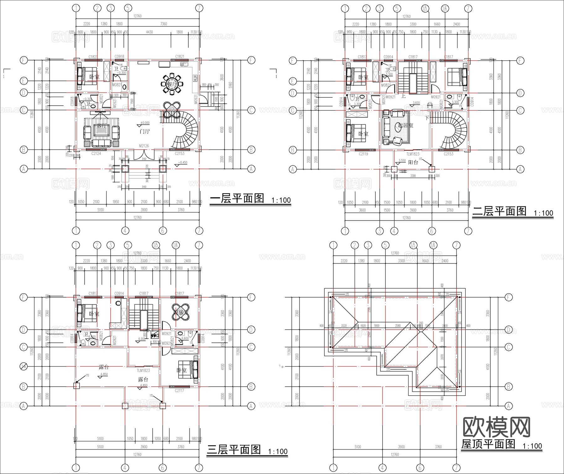 现代新中式三层自建房、别墅建筑设计cad施工图