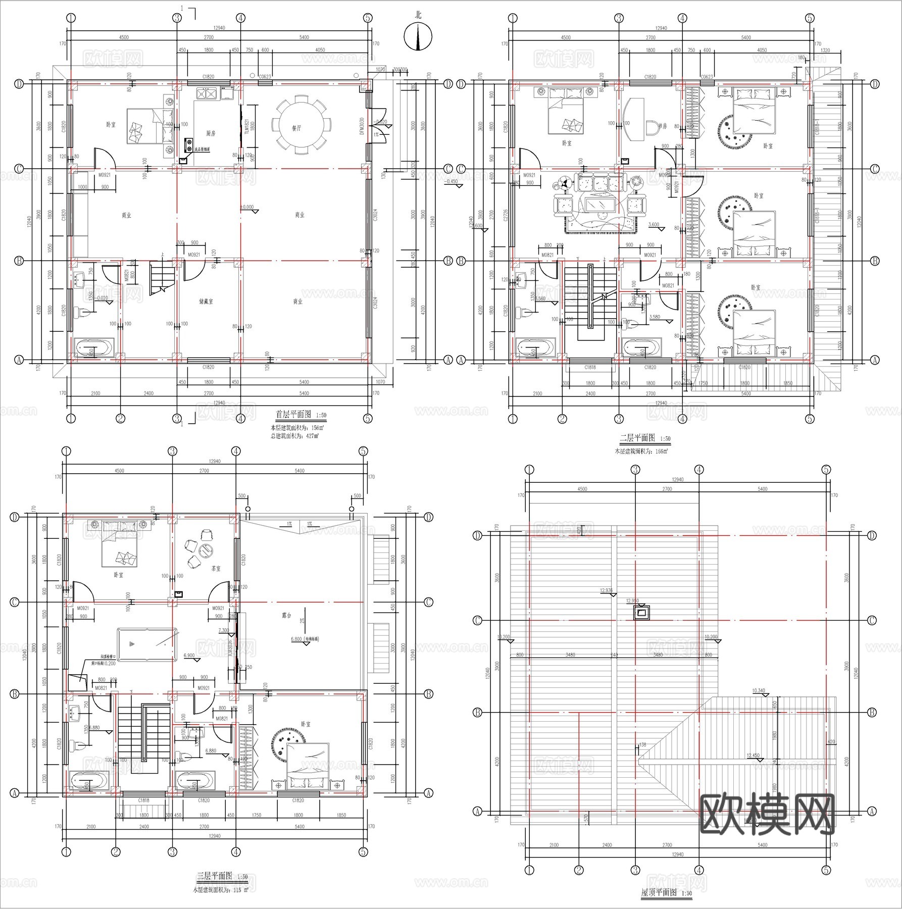现代新中式三层自建房、别墅建筑设计cad施工图