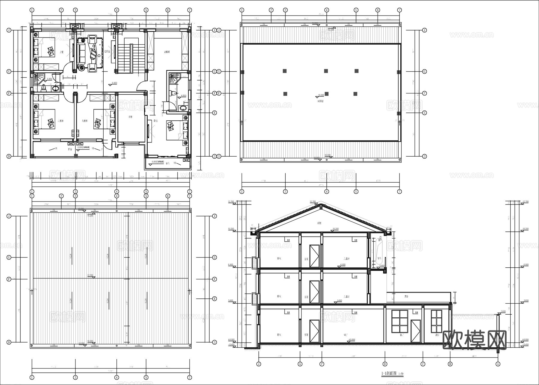 现代新中式三层自建房、别墅建筑设计cad施工图