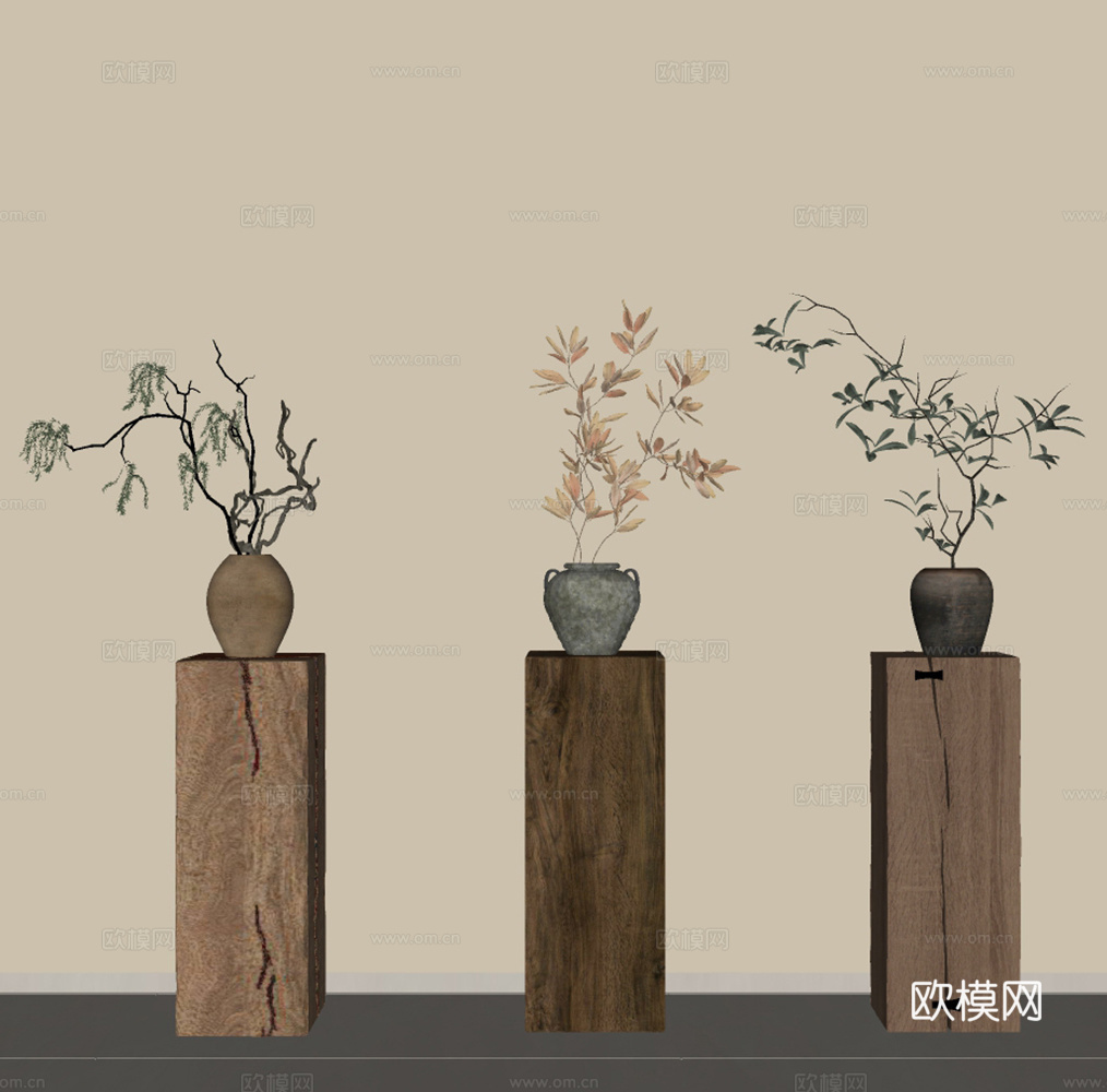 中古侘寂绿植摆件 干枝摆件 干枝盆栽 中古风盆栽摆件 侘寂风su模型