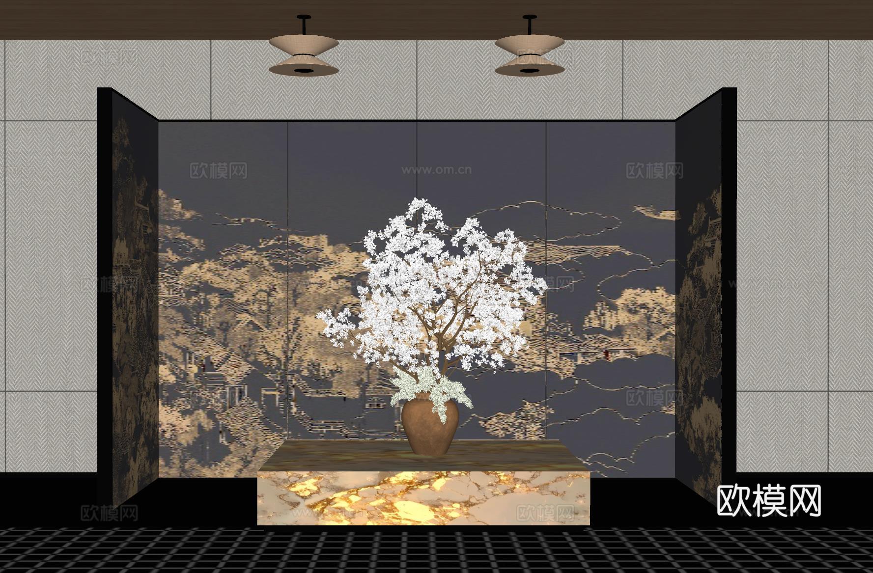 现代酒店大厅 花艺装置 花艺摆台组合 透光石 屏风su模型