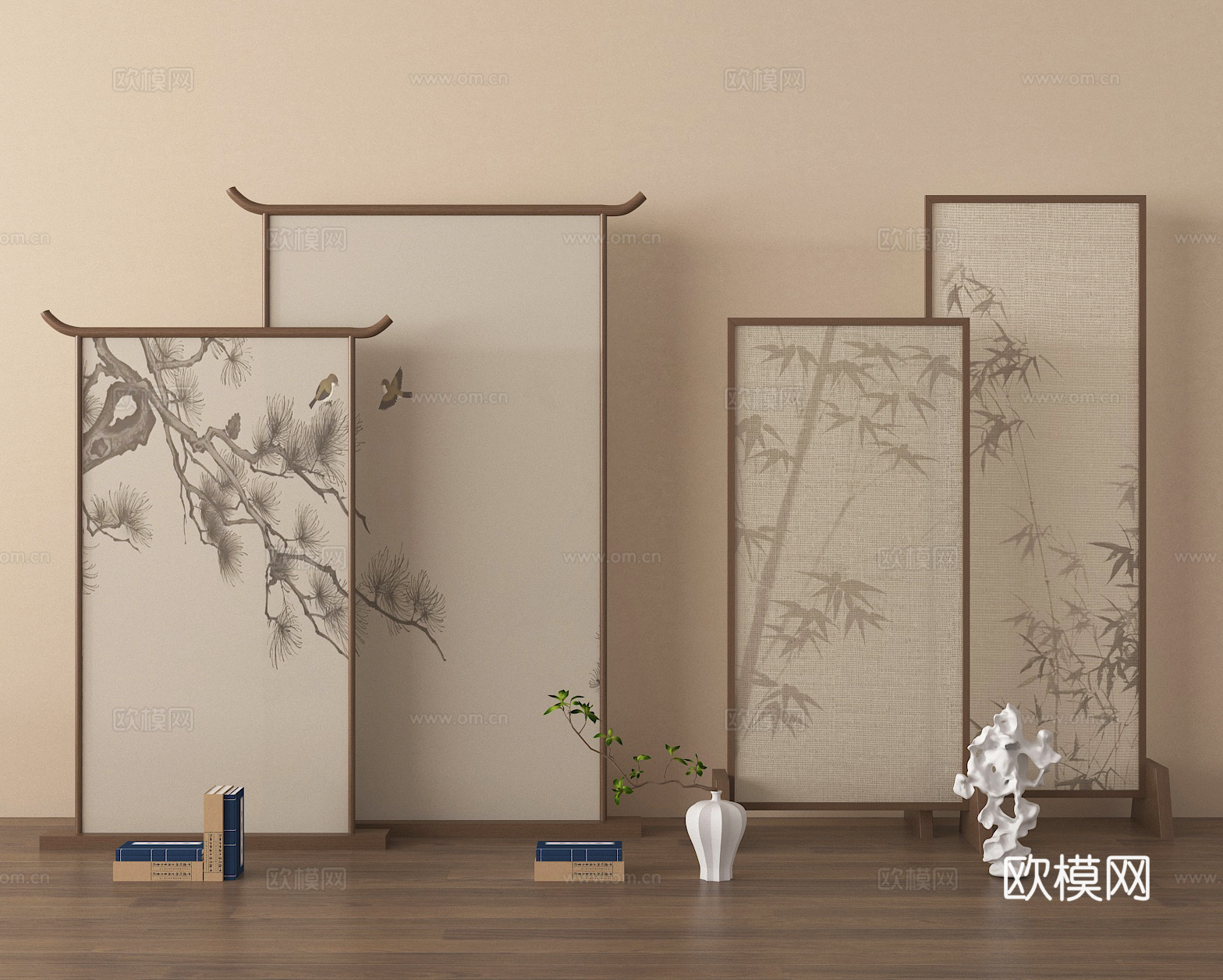 山水画屏风 隔断 折叠屏风 瓷罐 花瓶3d模型