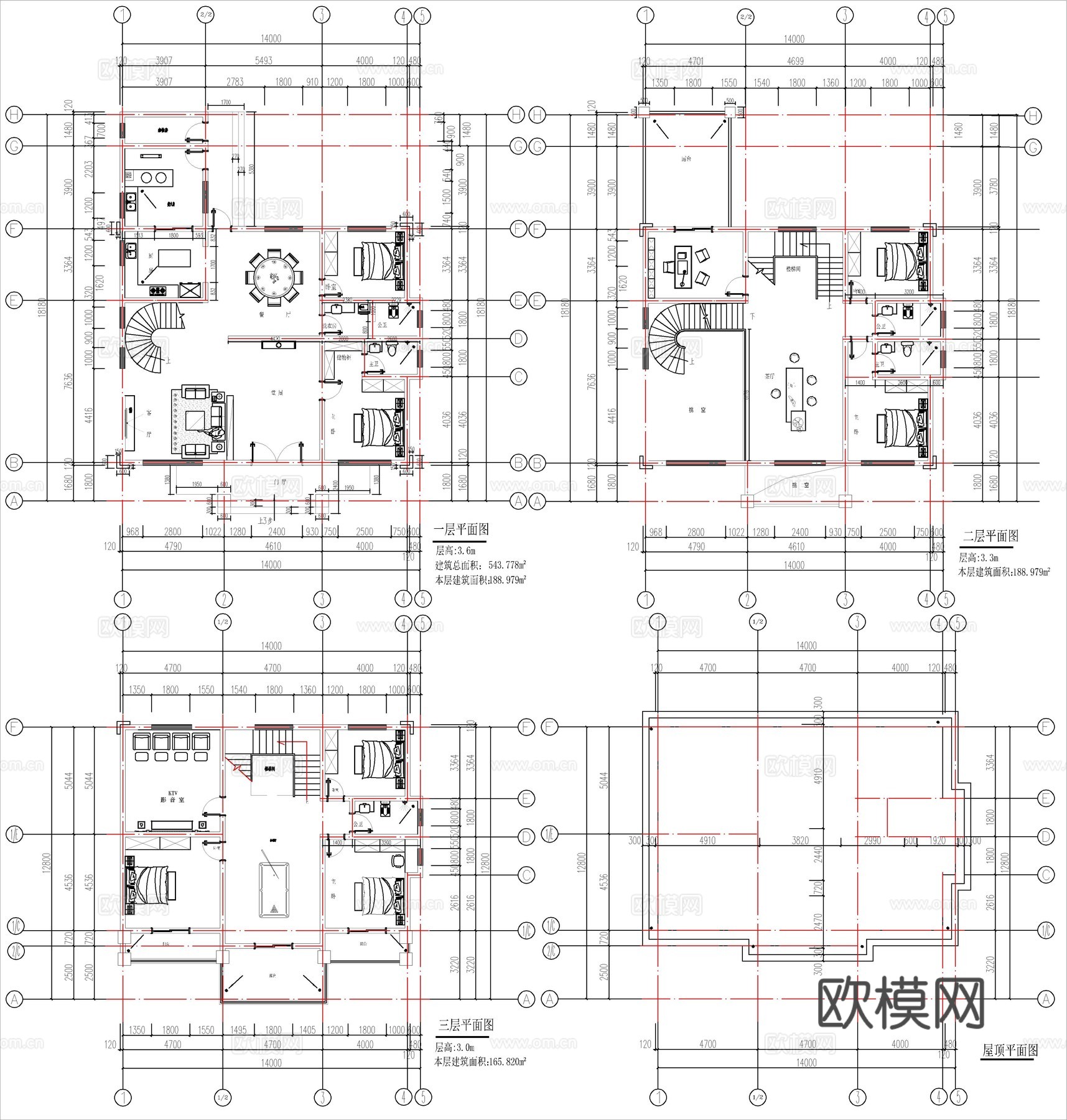 现代新中式三层自建房、别墅建筑设计cad施工图