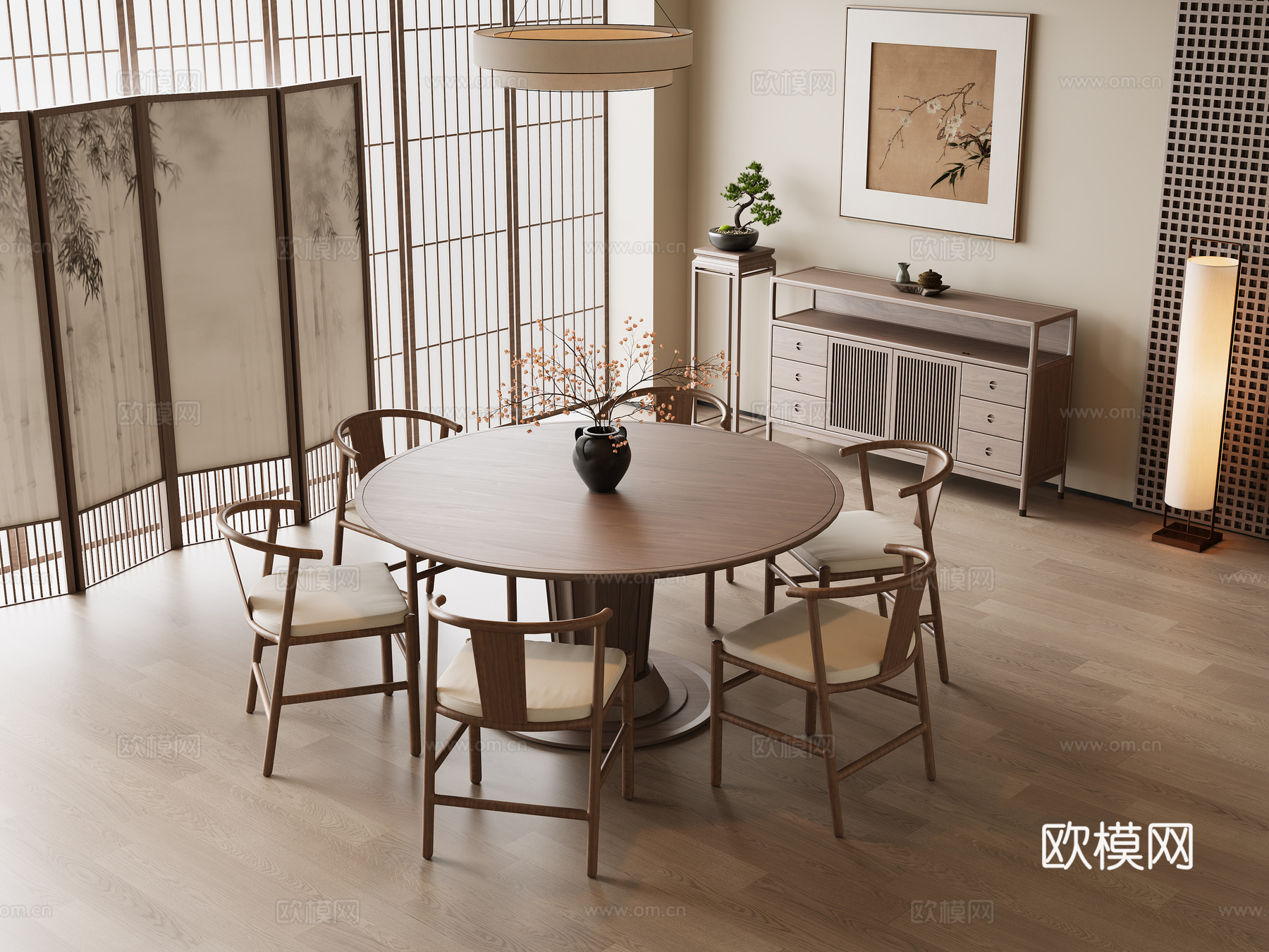 新中式餐厅 宋式餐厅 餐桌椅 餐边柜 屏风 挂画 新中式灯su模型