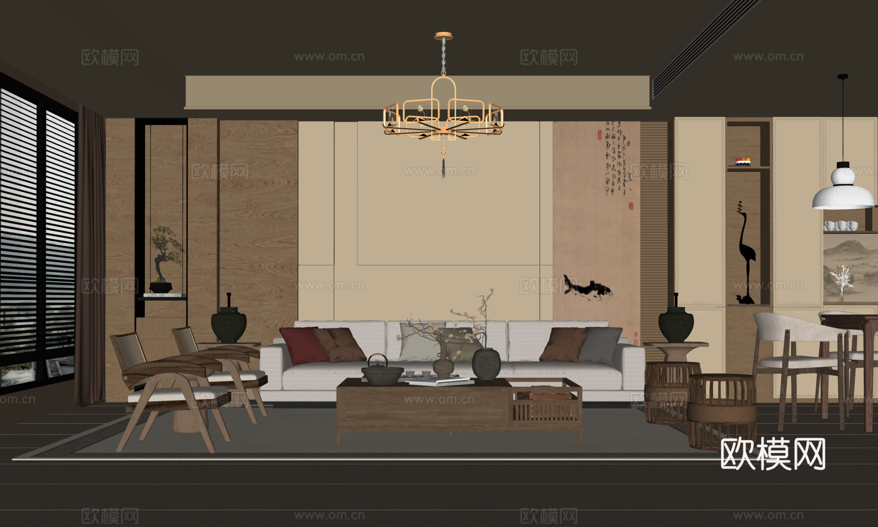 新中式宋氏客餐厅 吊灯 沙发茶几组合 餐边柜 餐桌椅su模型