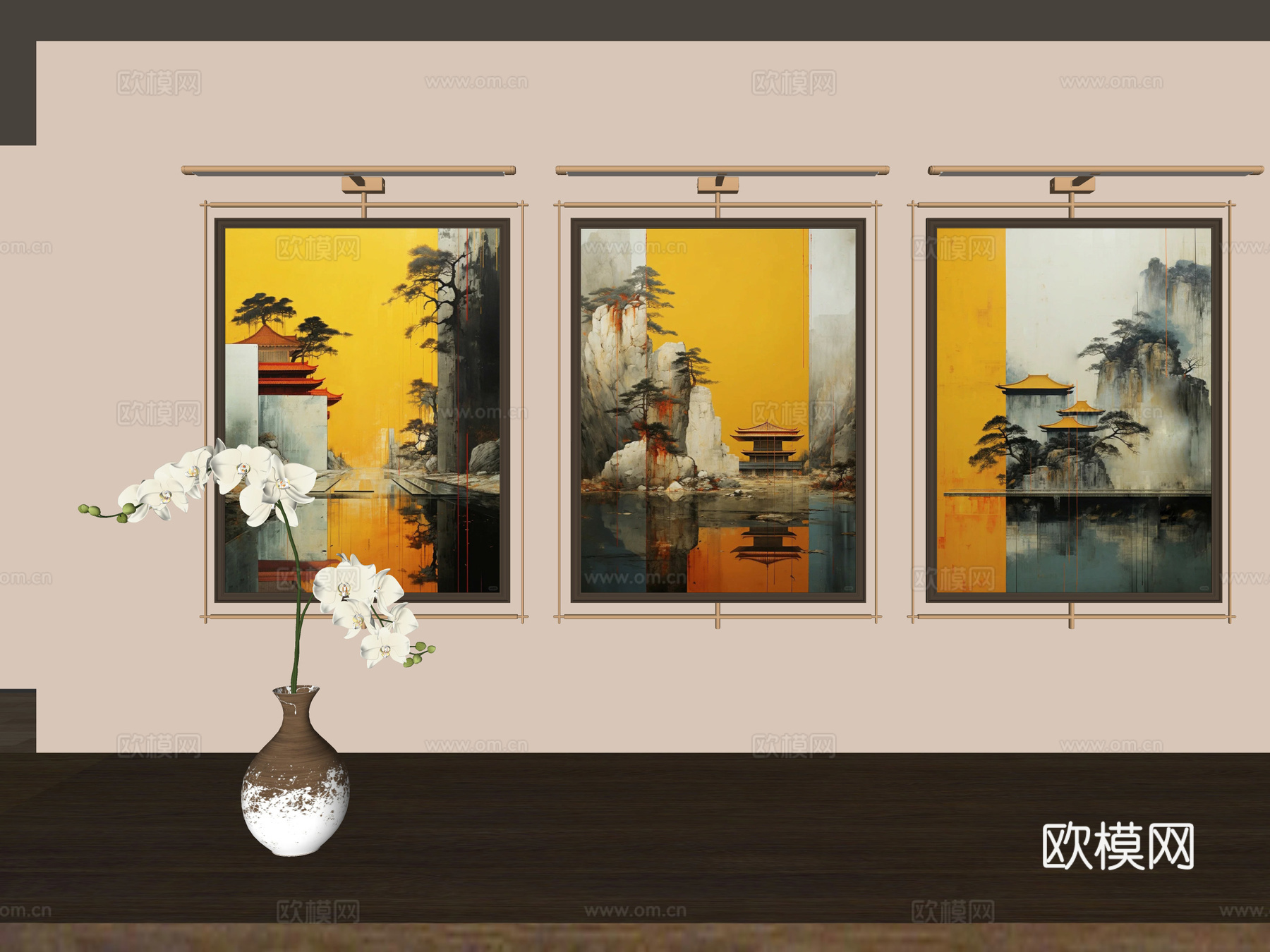 新中式山水画 禅意挂画 茶室挂画 挂画组合 山水画 挂画su模型