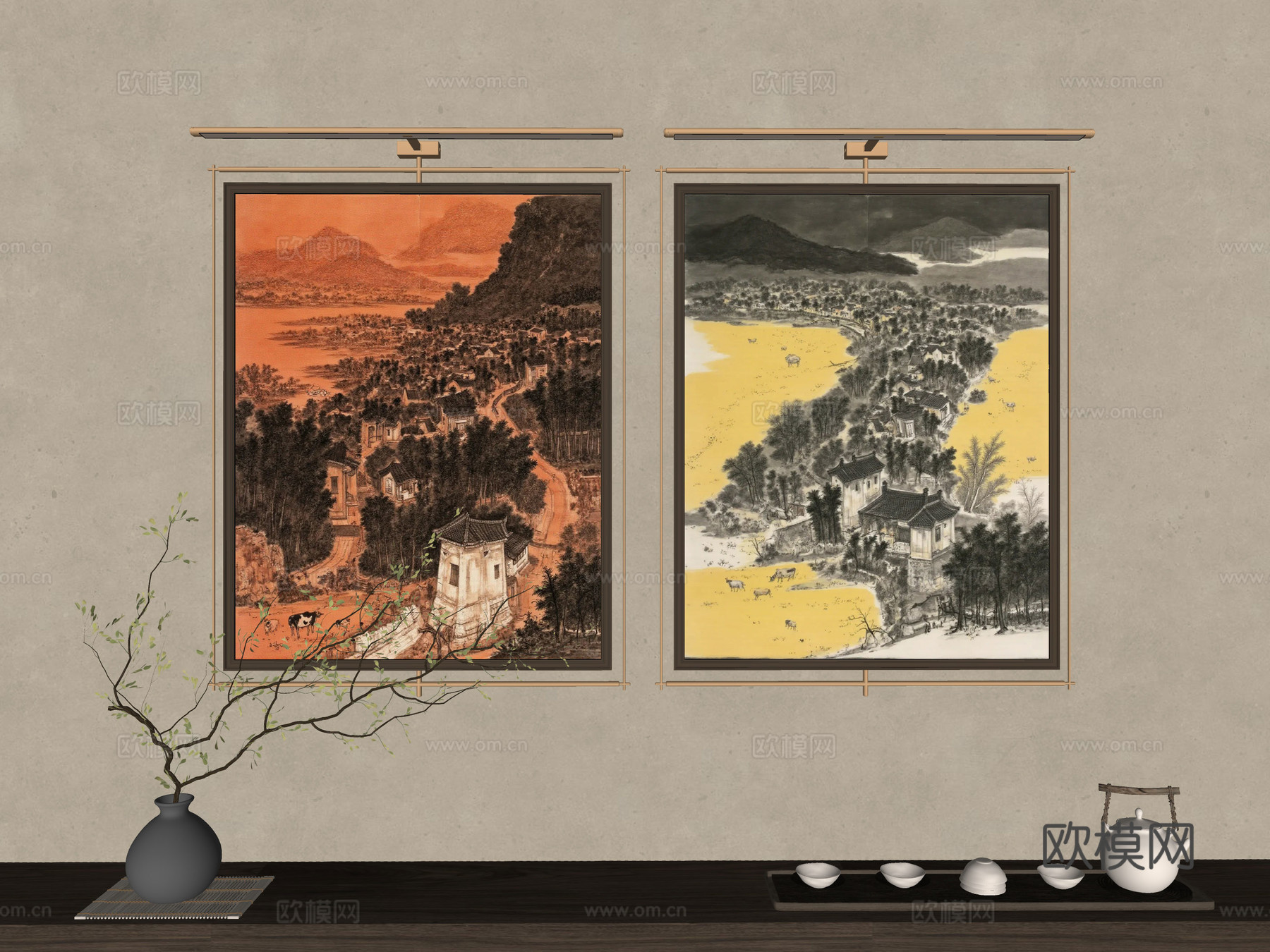 新中式山水画 禅意挂画 茶室挂画 挂画组合 山水画 挂画su模型