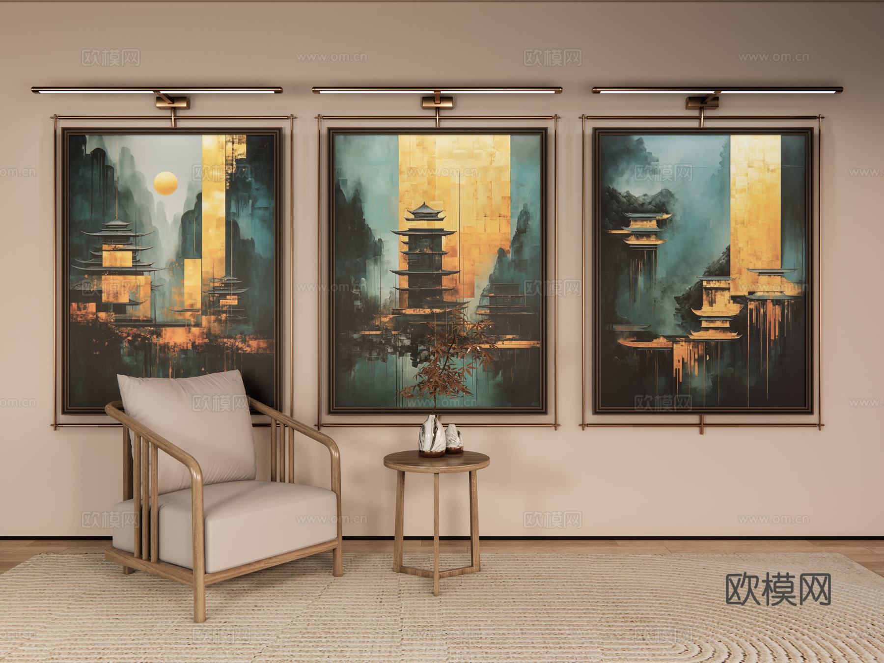 新中式山水画 禅意挂画 茶室挂画 挂画组合 山水画 挂画su模型