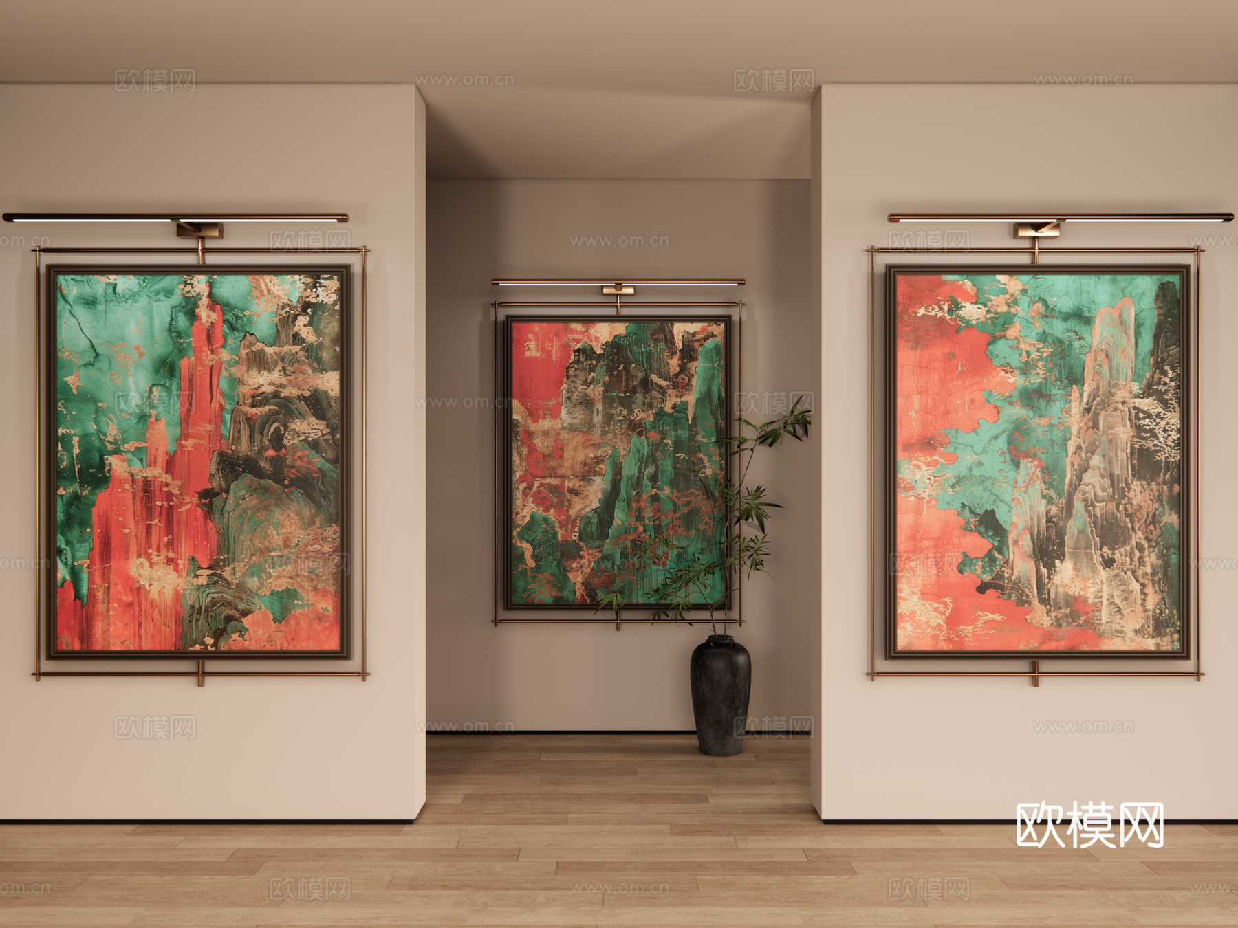 新中式山水画 禅意挂画 茶室挂画 挂画组合 山水画 挂画su模型