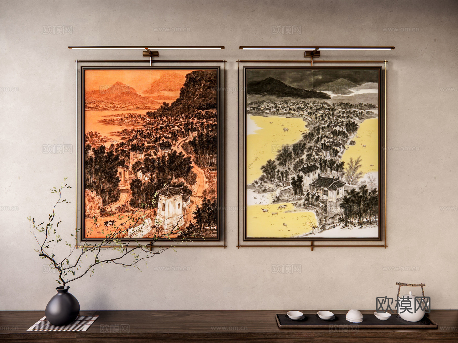 新中式山水画 禅意挂画 茶室挂画 挂画组合 山水画 挂画su模型