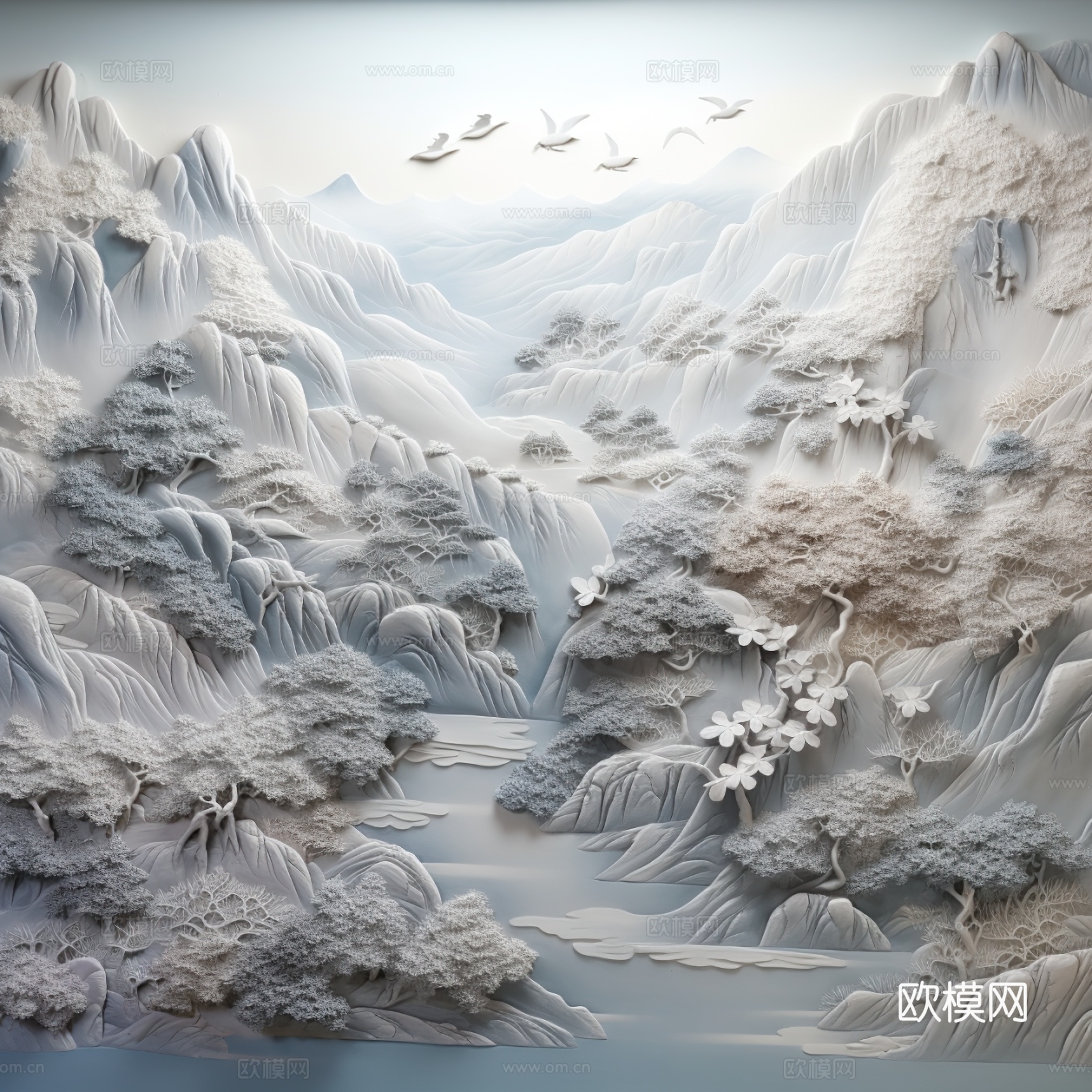 中式山水浮雕壁画壁纸