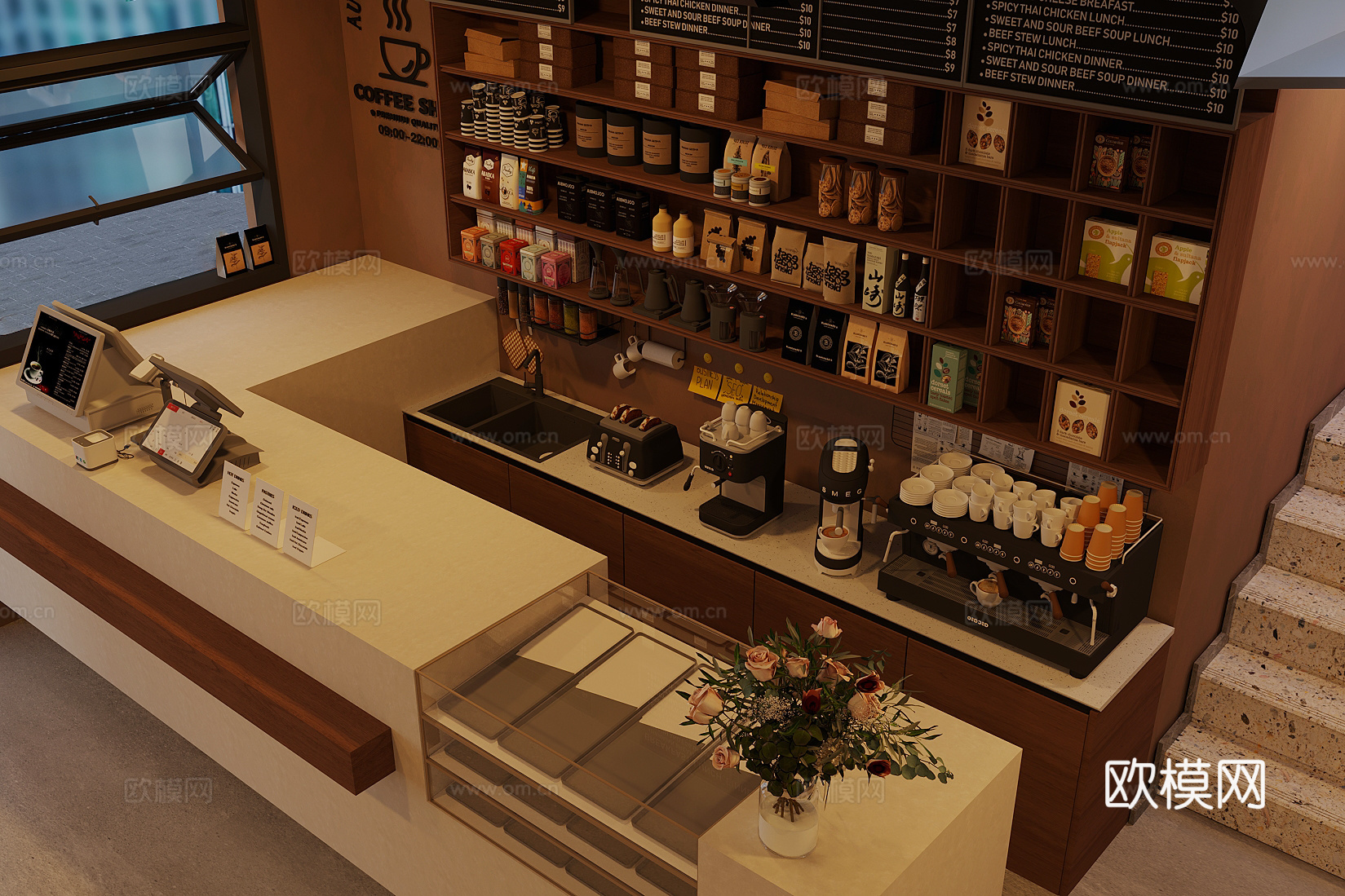 现代咖啡厅 现代咖啡厅前台 咖啡店操作台 咖啡机器组合 收银su模型