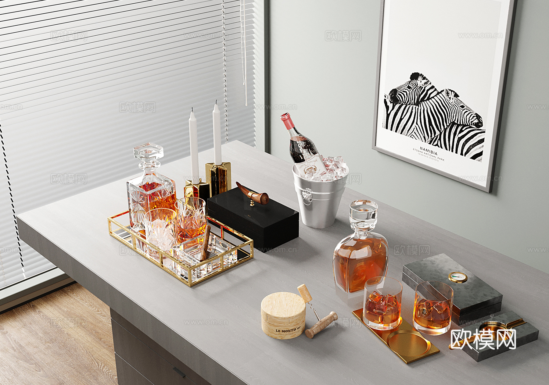 现代酒瓶酒杯 酒水 酒具 洋酒红酒 托盘3d模型