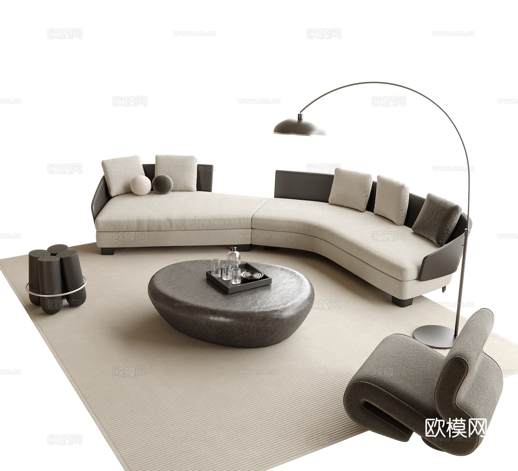 现代沙发茶几组合 弧形沙发 休闲椅su模型
