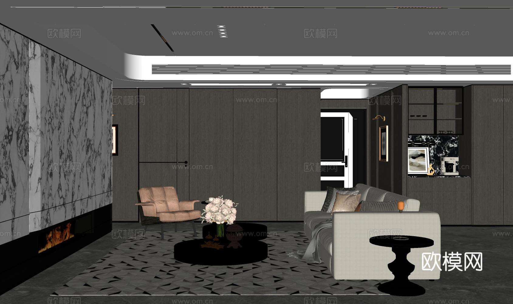 意式石材电视背景墙客厅su模型