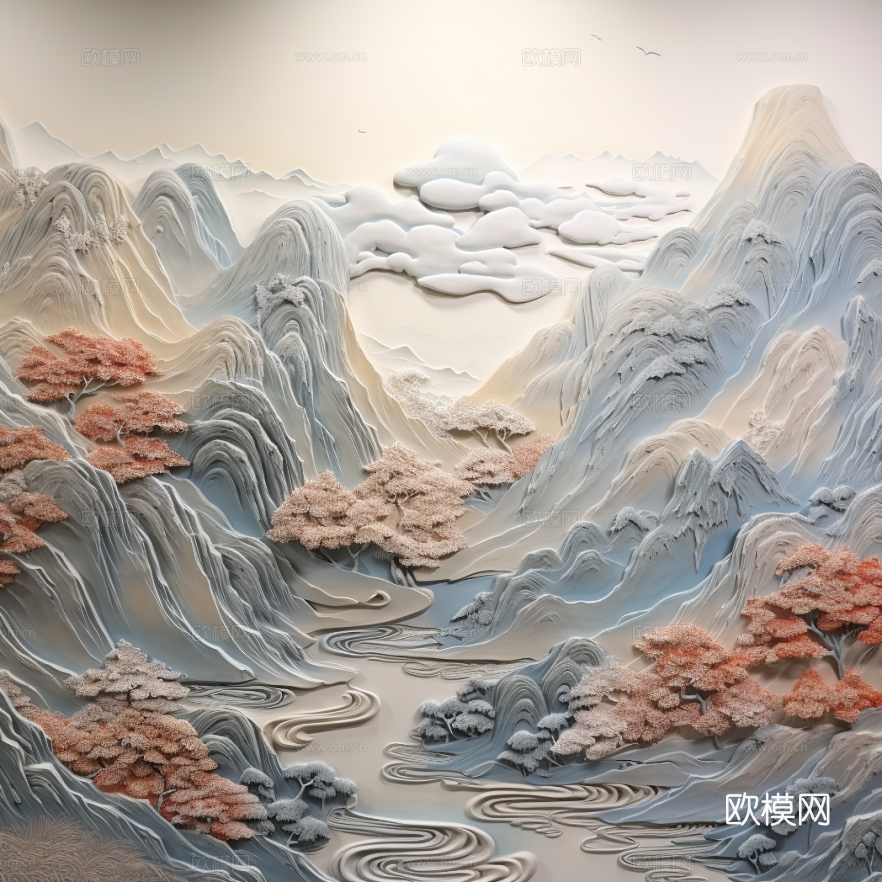 中式山水浮雕壁画壁纸