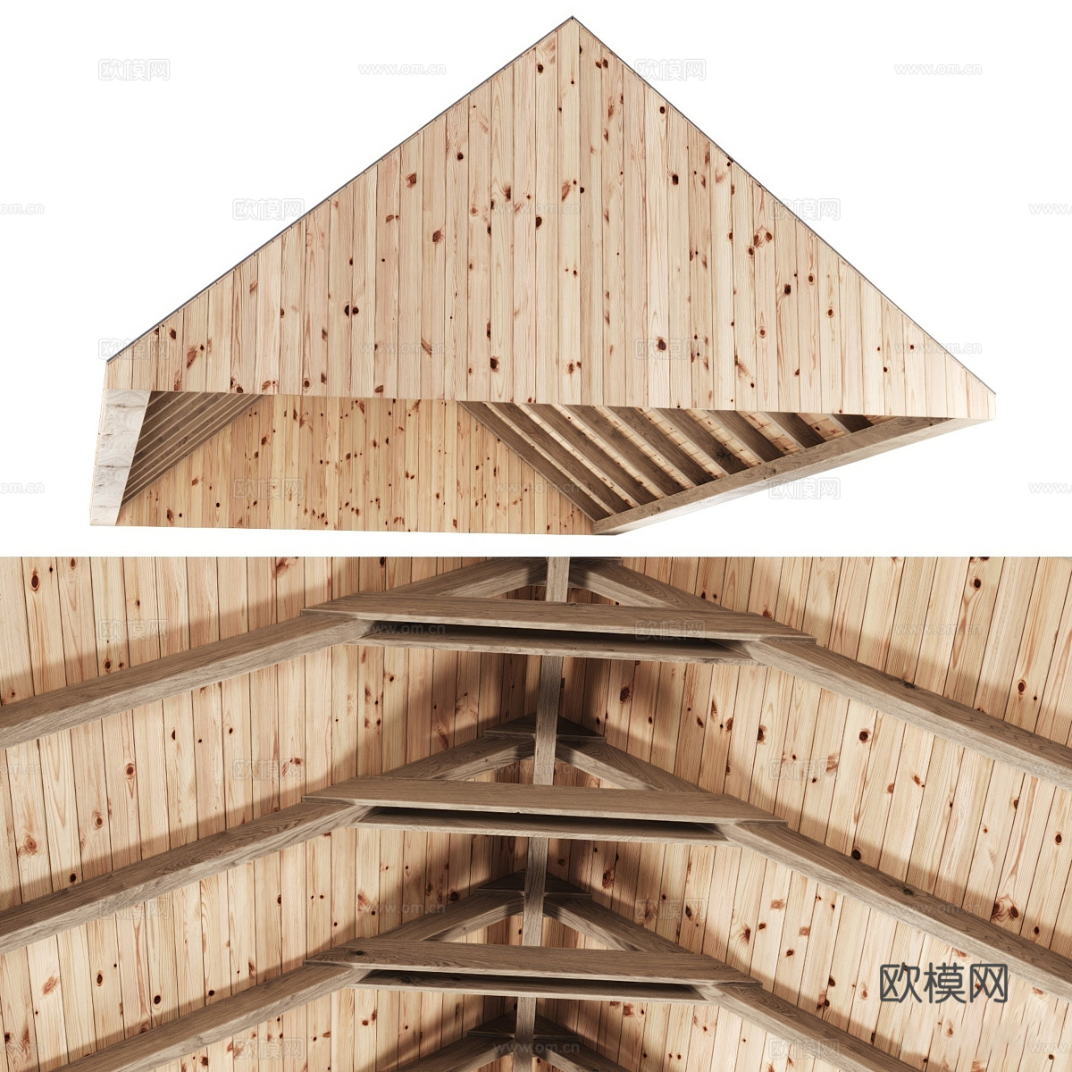 新中式原木木制斜屋吊顶3d模型
