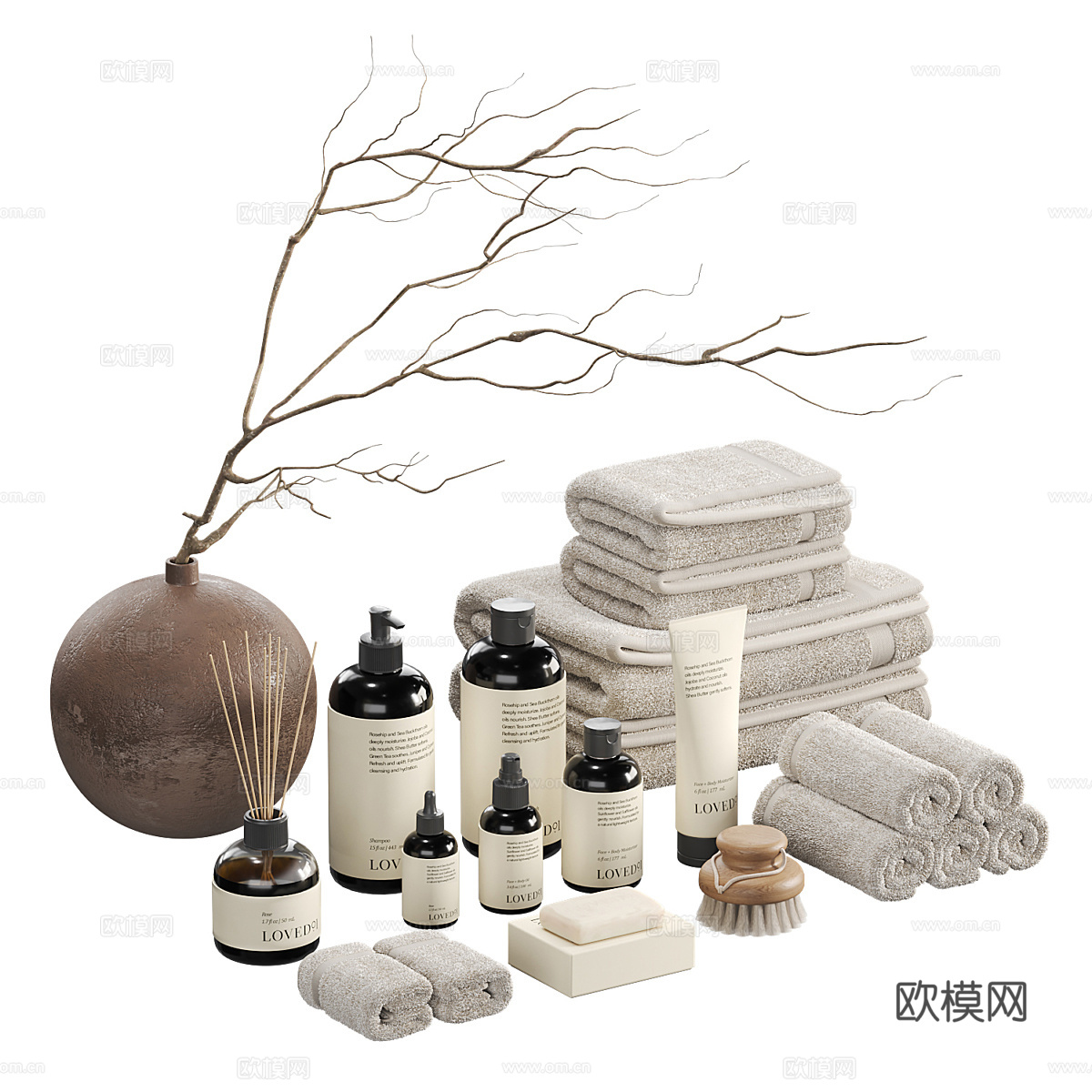 带毛巾和树枝的装饰套装3d模型