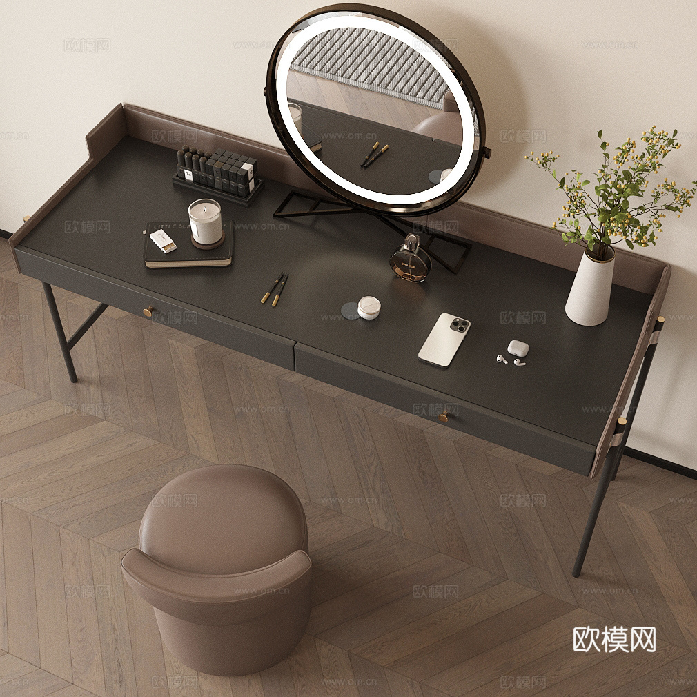 首饰饰品 妆台妆凳组合 梳妆台摆件组合 化妆品组合 化妆镜su模型
