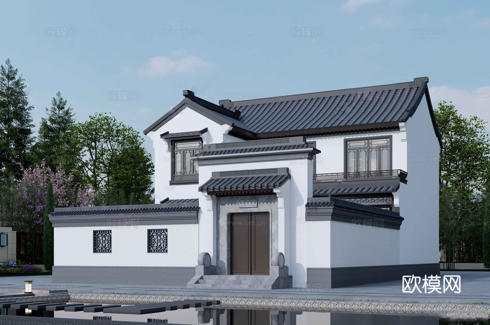 中式独栋别墅 带院子 双层 斜顶3d模型