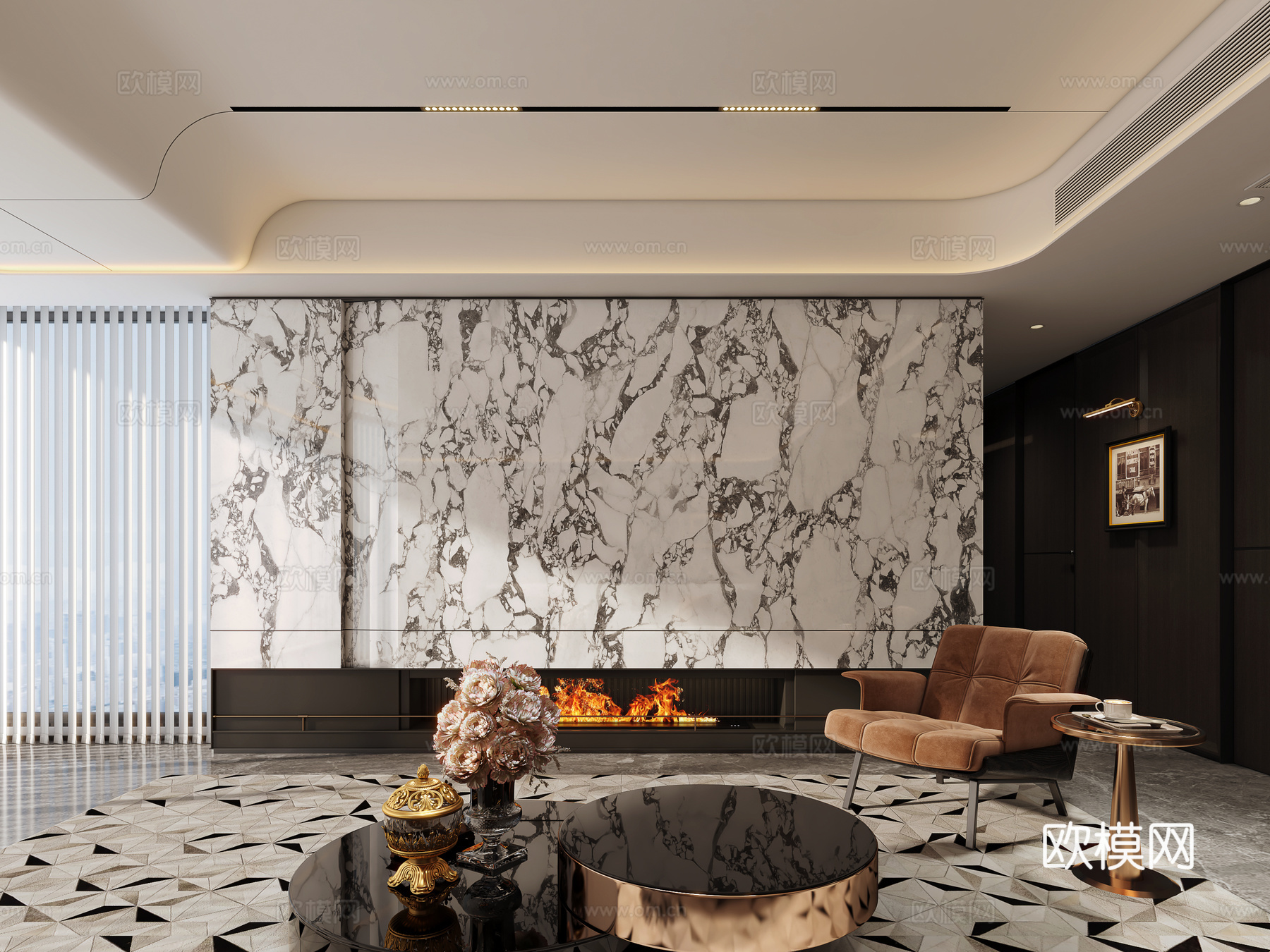 意式石材电视背景墙客厅su模型