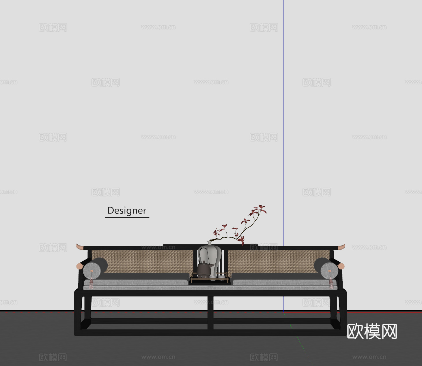 新中式双人沙发 脚踏su模型