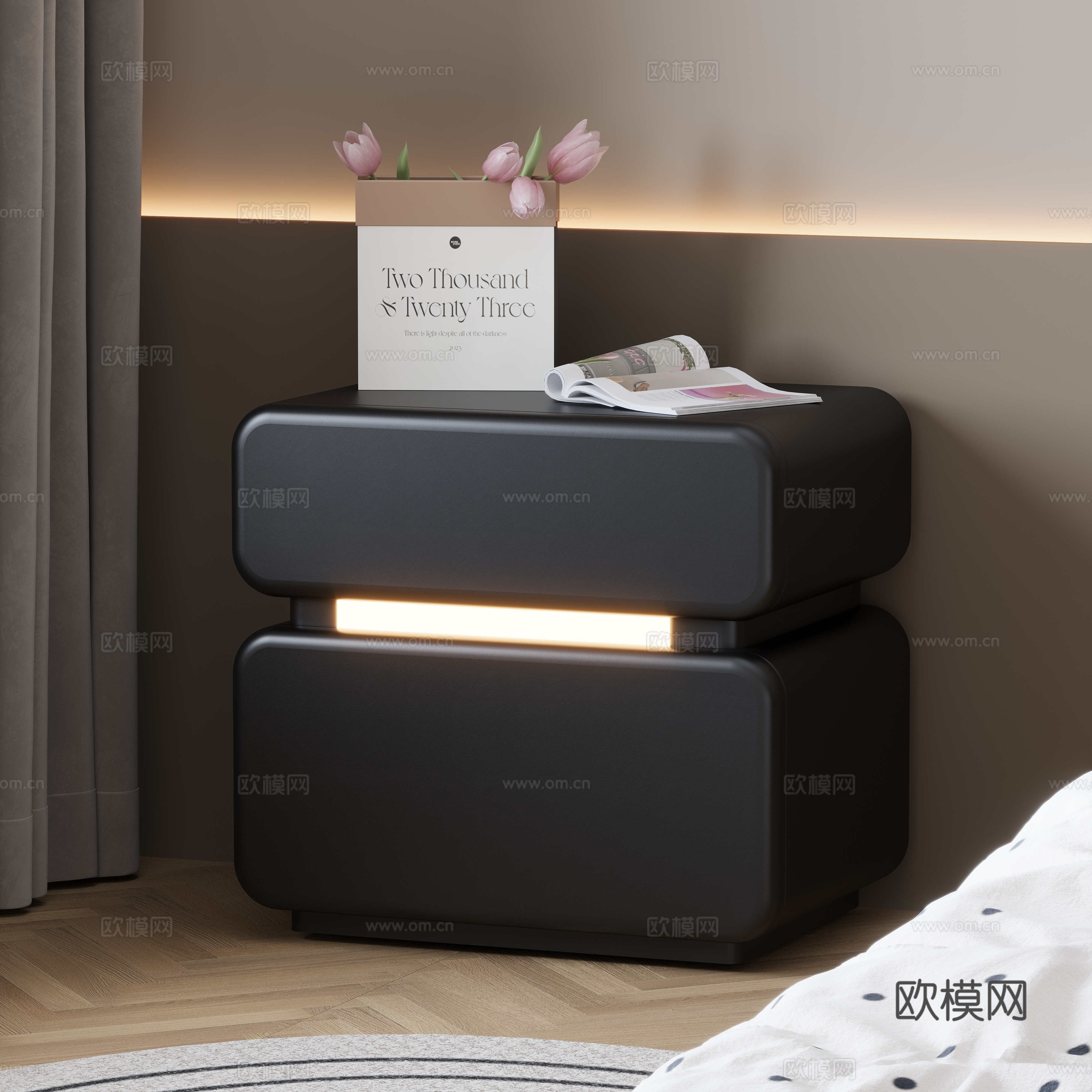 床头柜卧室花瓶纸盒郁金香杂志书本床窗帘护墙板造型墙背景墙混油3d模型