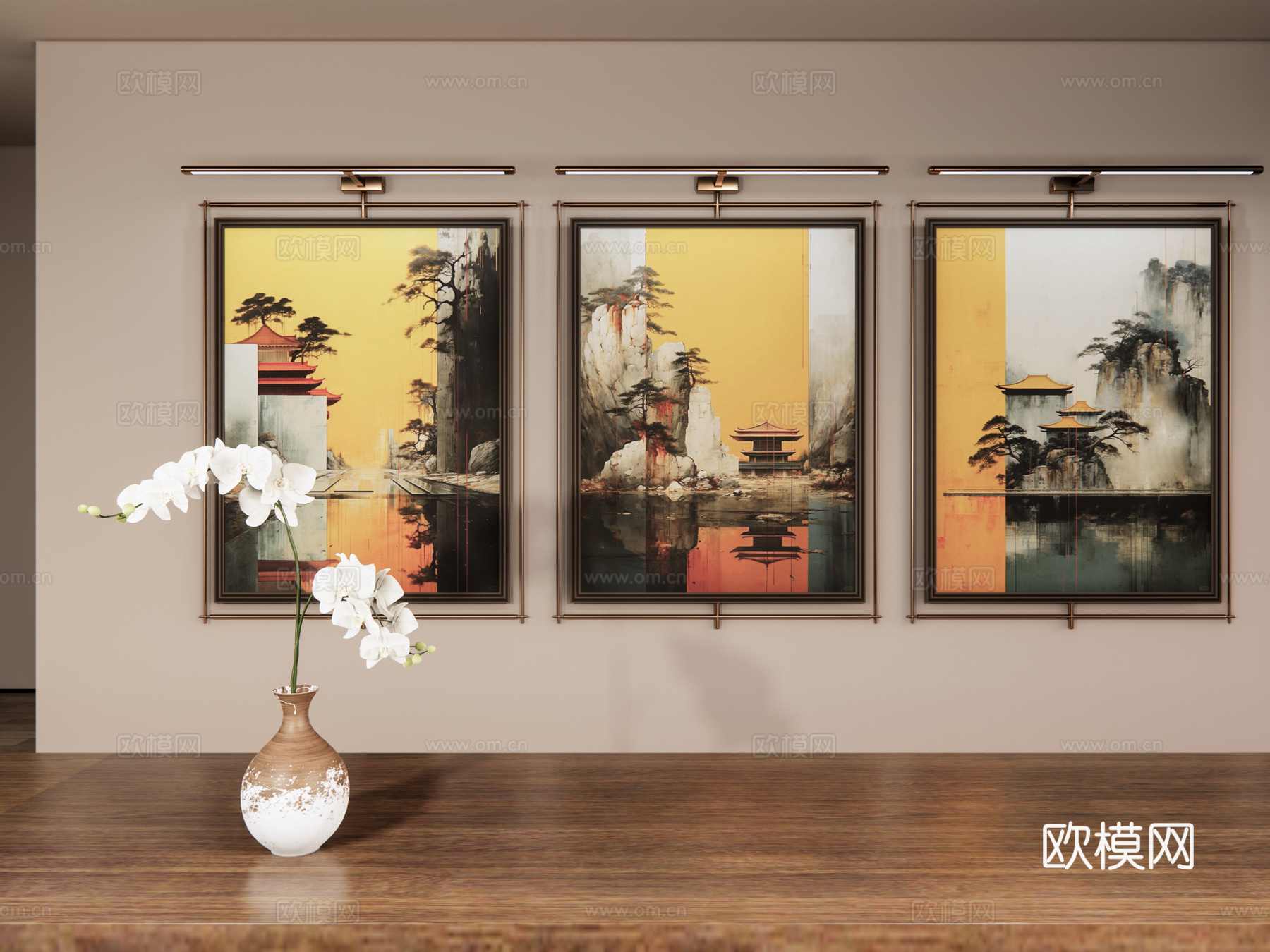 新中式山水画 禅意挂画 茶室挂画 挂画组合 山水画 挂画su模型