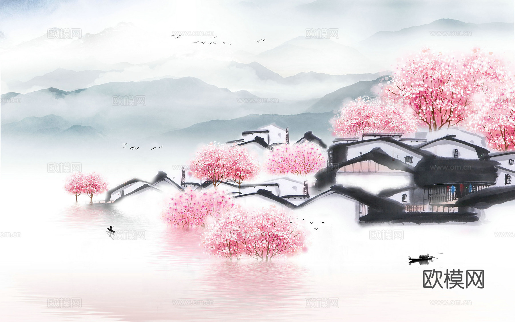 中式新中式高清山水桃花意境壁画壁纸装饰画