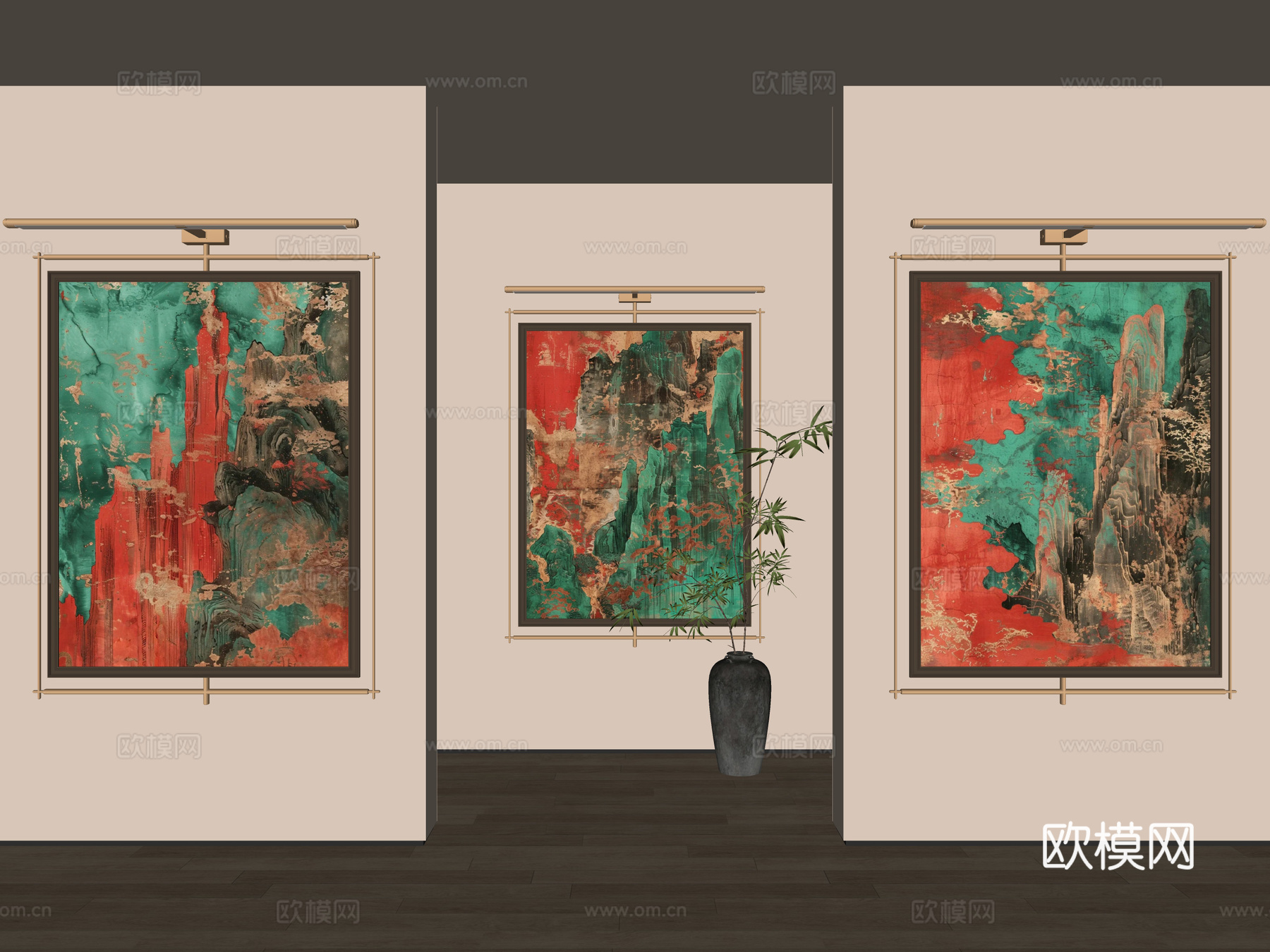 新中式山水画 禅意挂画 茶室挂画 挂画组合 山水画 挂画su模型