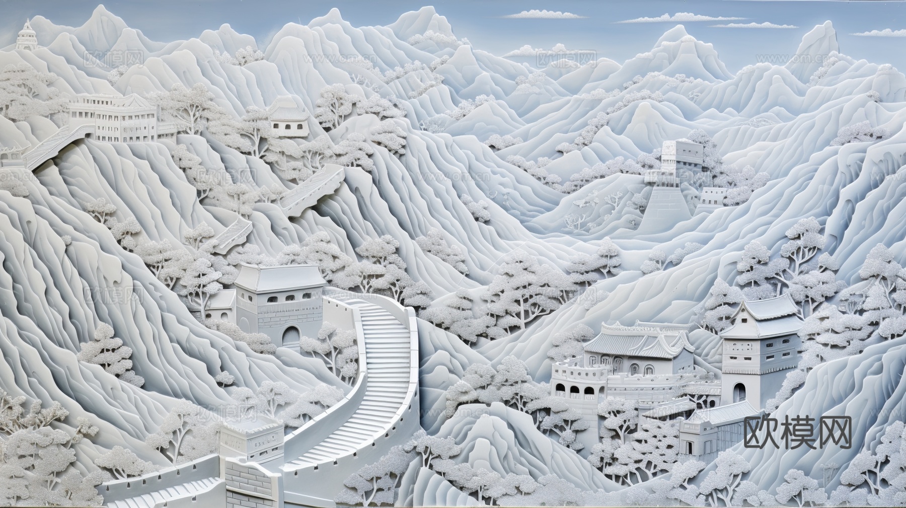 中式山水浮雕壁画壁纸