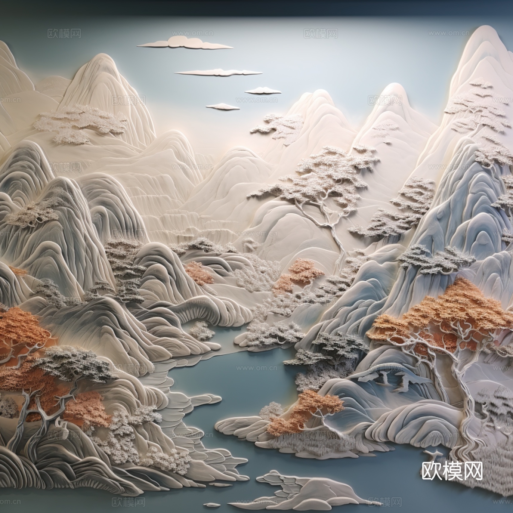 中式山水浮雕壁画壁纸