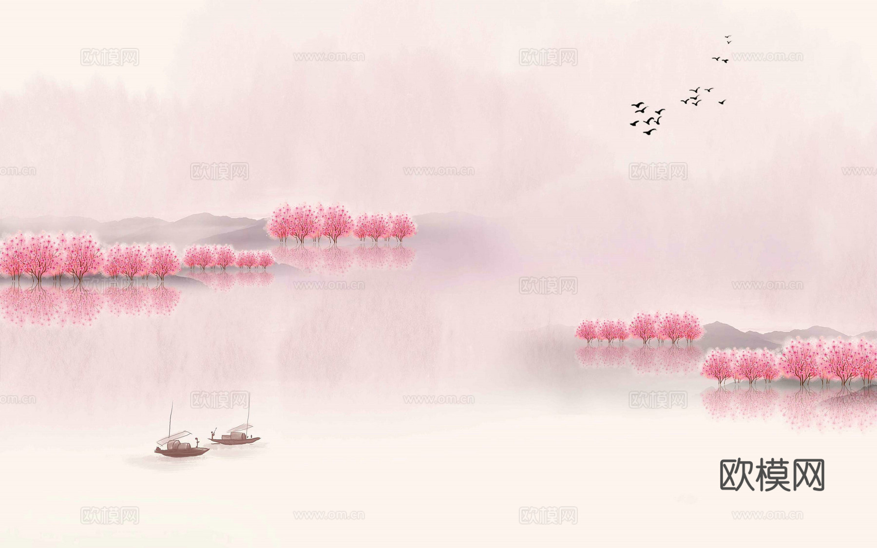 中式新中式高清山水桃花意境壁纸壁画装饰画